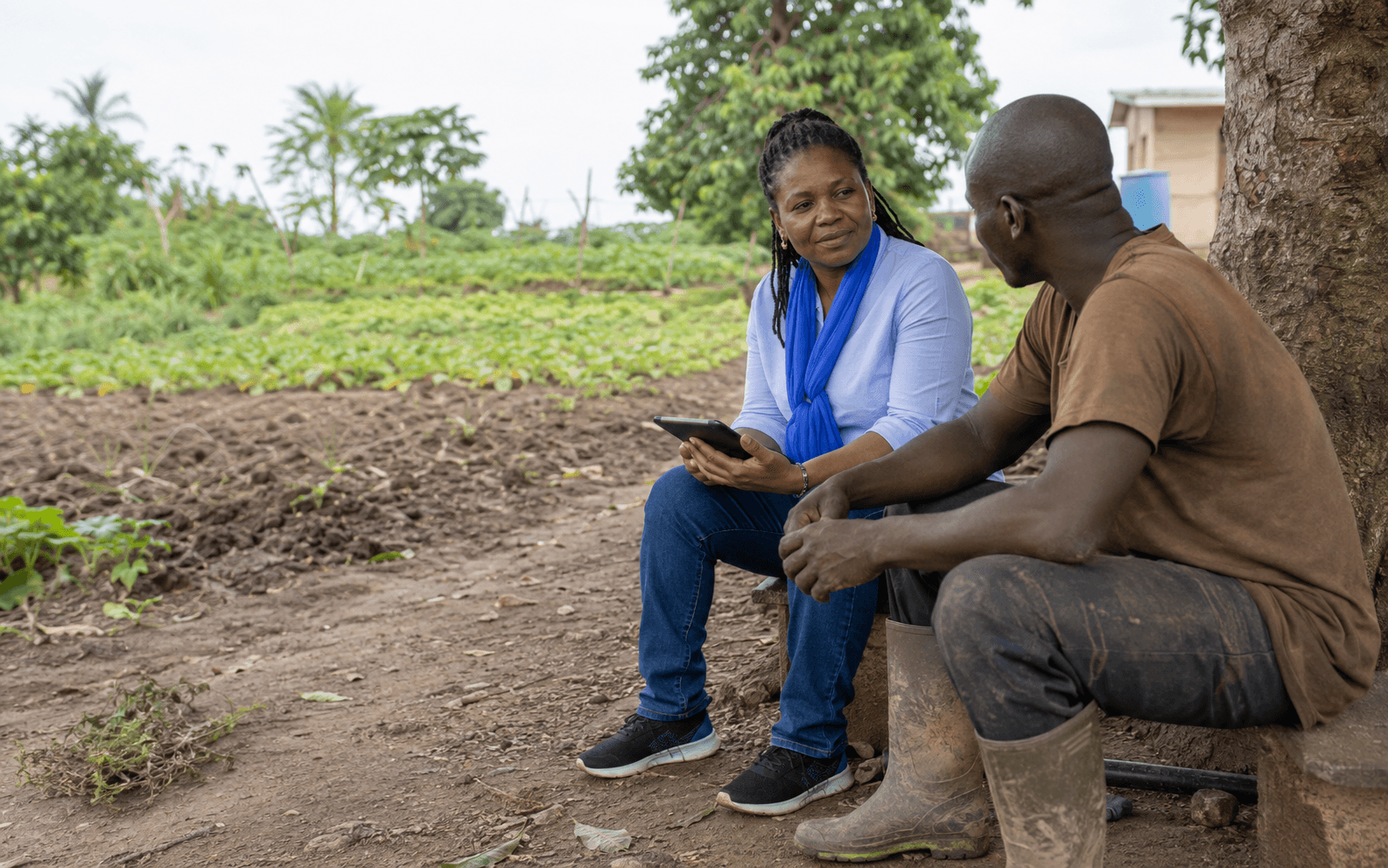 A field researcher interviewing a farmer