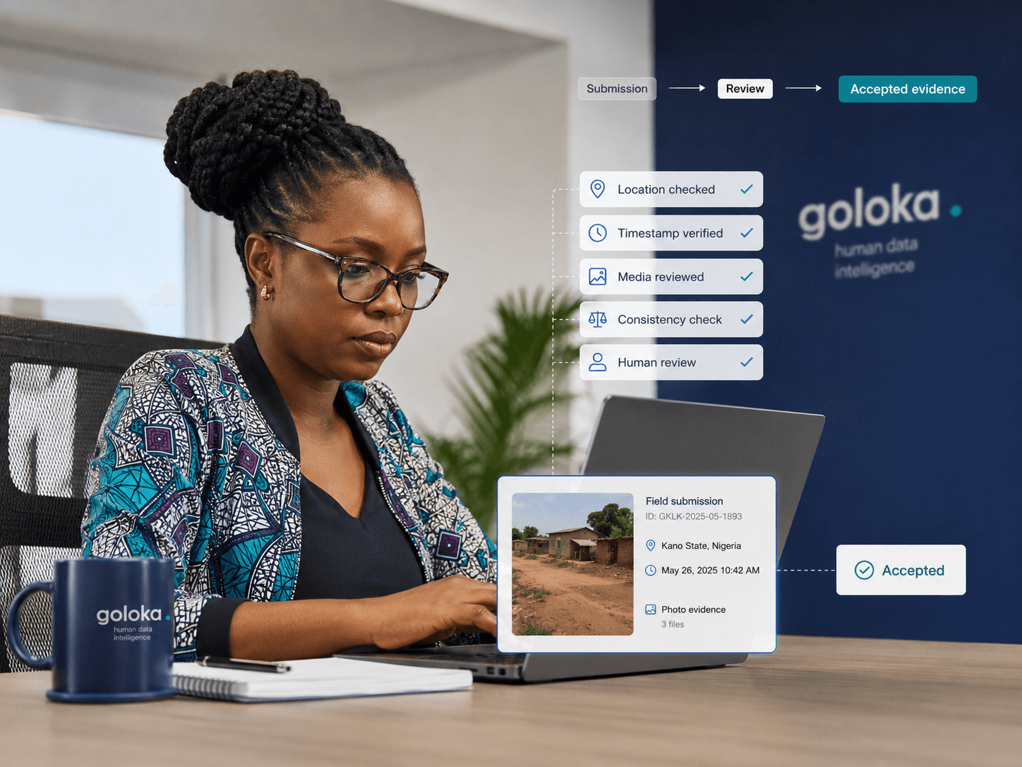 Goloka contributor reviewing field evidence on a laptop