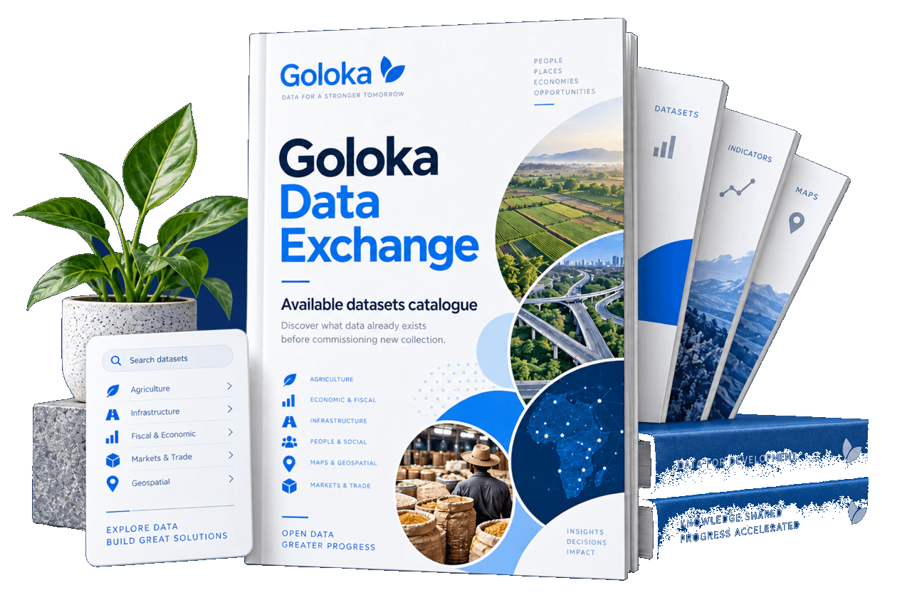 Goloka Data Exchange catalogue with dataset reports, maps and a plant